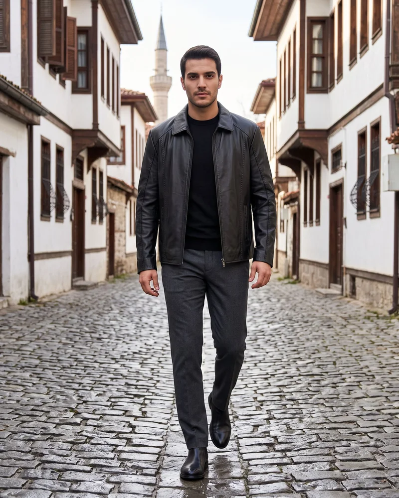 Black Shirt-Collar Leather Jacket - Leather Jackets by Savas Textile