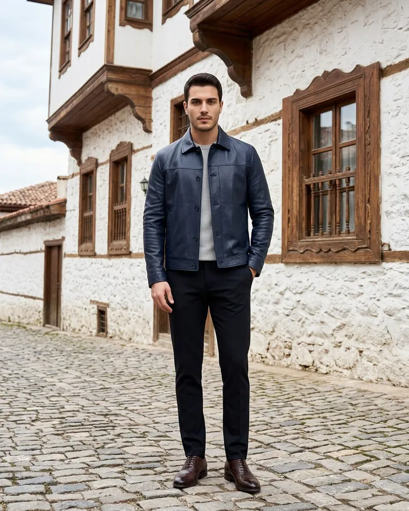 Navy Genuine Leather Jacket - Leather Jackets by Savas Textile