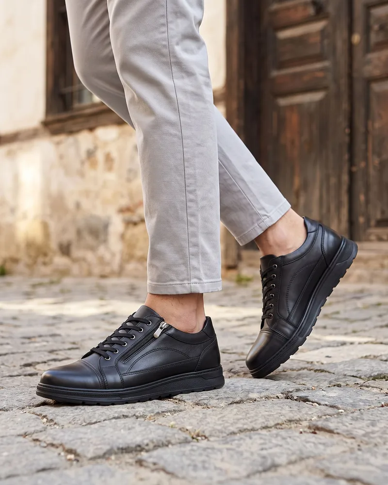Black Leather Side-Zip Shoes - Shoes by Savas Textile