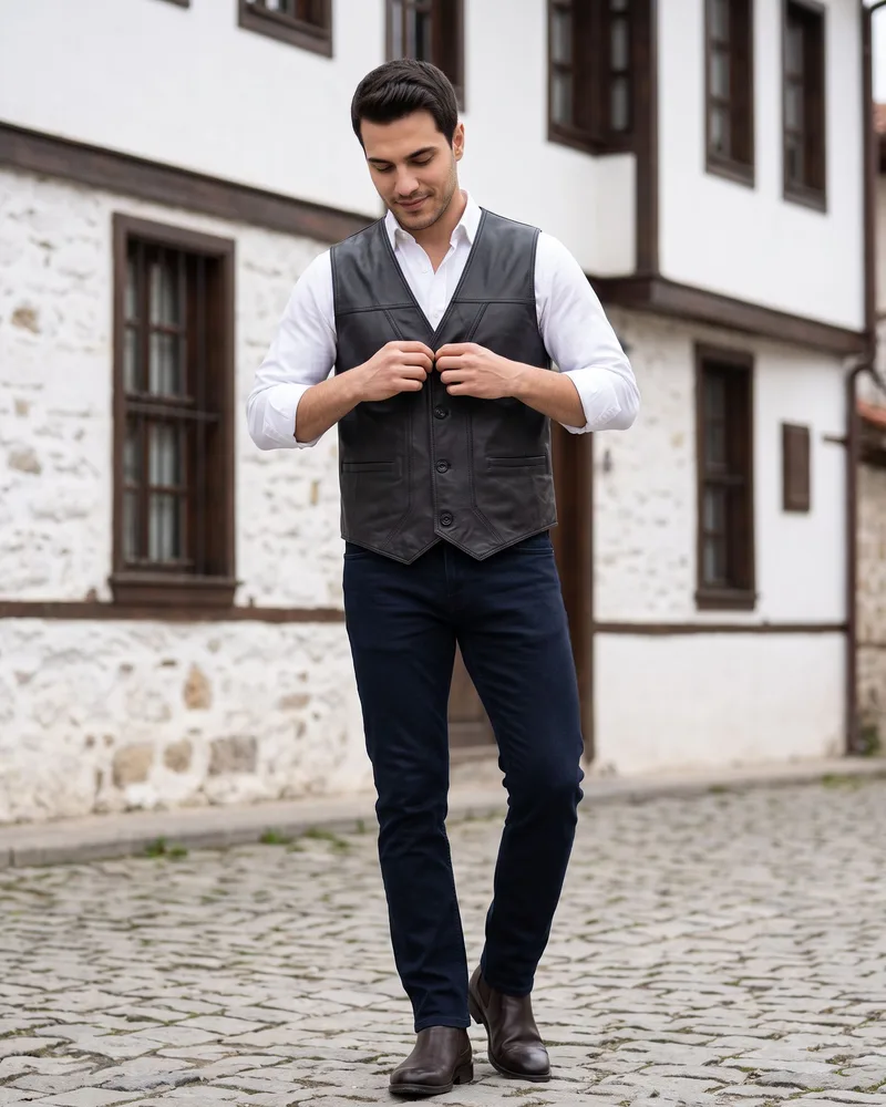 Black Leather Waistcoat - Leather Jackets by Savas Textile