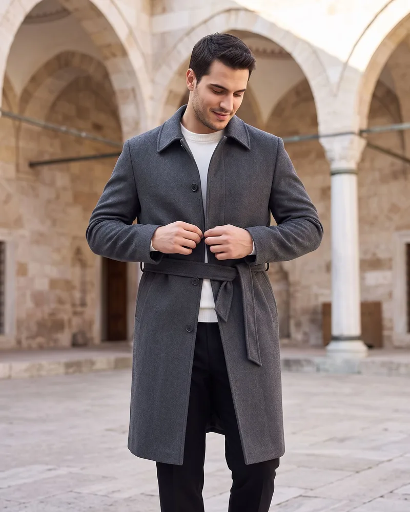 Charcoal Belted Melton Coat - Outerwear by Savas Textile