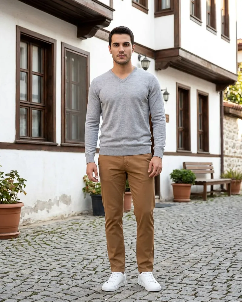 Grey V-Neck Fine Knit Sweater - Knitwear by Savas Textile
