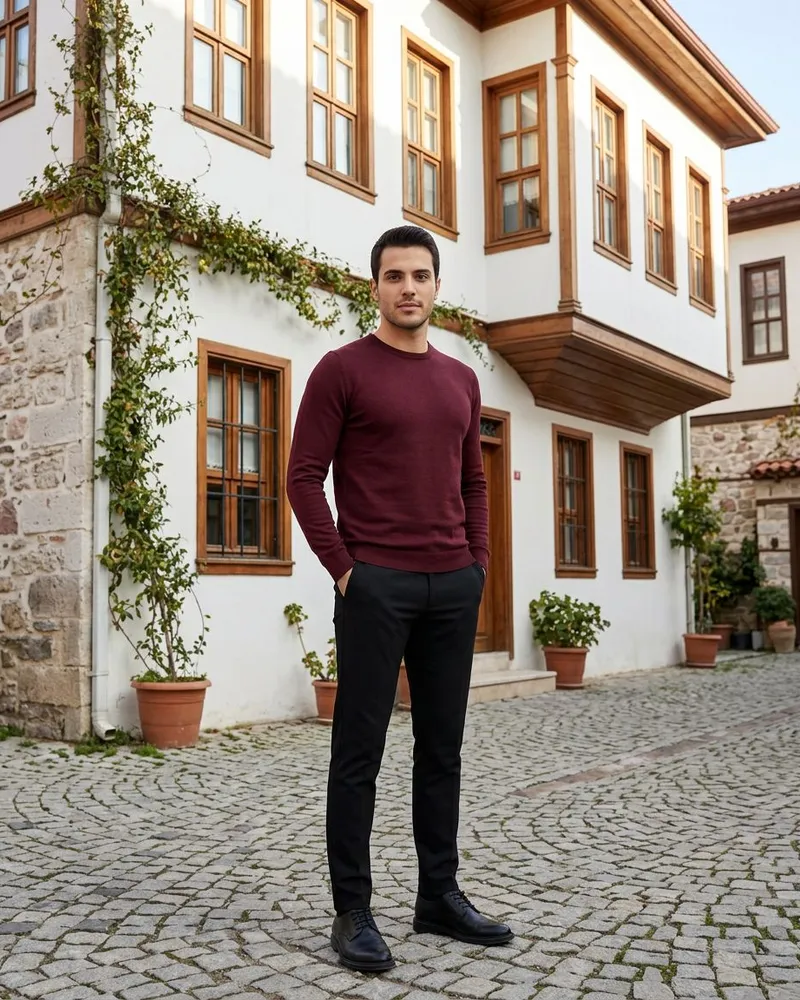 Burgundy Crew-Neck Sweater - Knitwear by Savas Textile