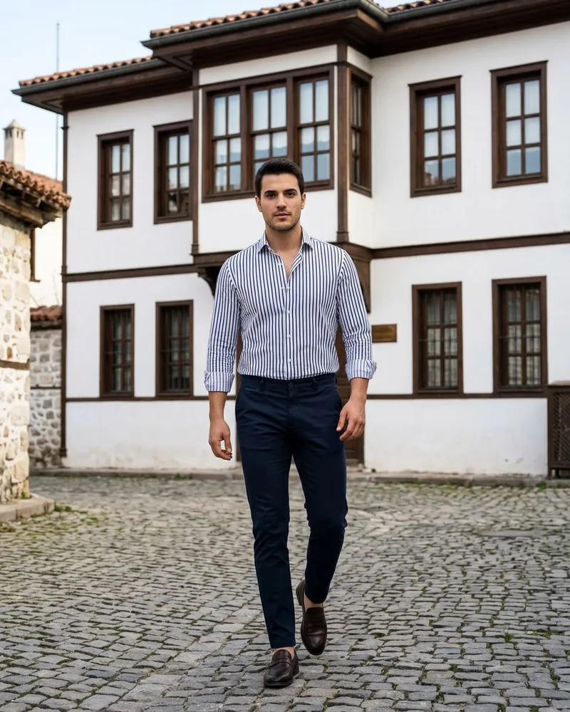 White-Navy Striped Shirt - Shirts by Savas Textile