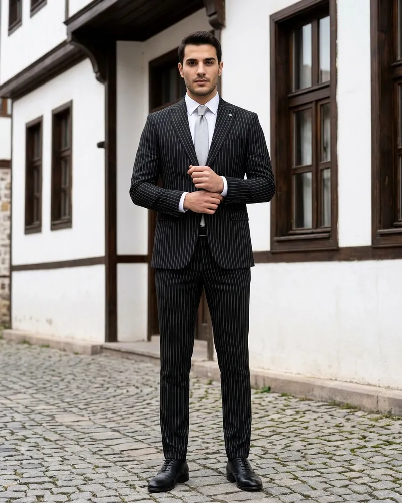 Black Pinstripe Suit - Suits by Savas Textile