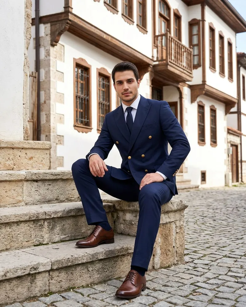 Navy Double-Breasted Suit - Suits by Savas Textile