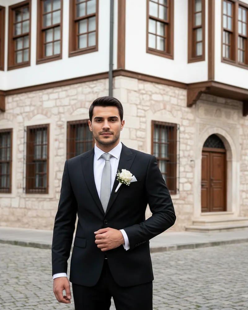 Black Wedding Suit - Silver Tie - Wedding Suits by Savas Textile