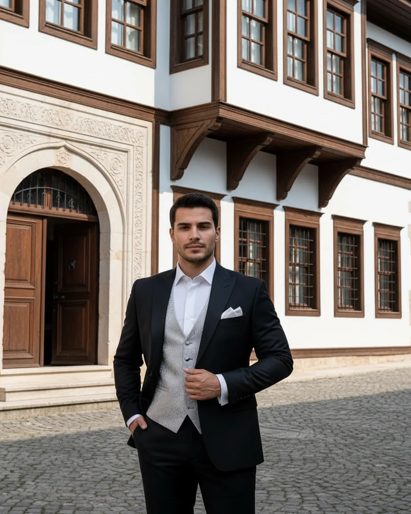 Black Wedding Suit - Silver Waistcoat - Wedding Suits by Savas Textile