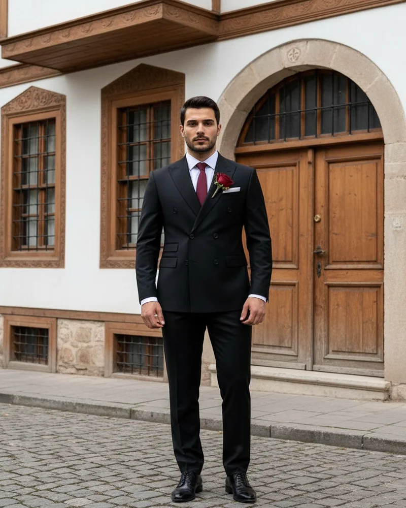 Black Double-Breasted Wedding Suit - Burgundy - Wedding Suits by Savas Textile
